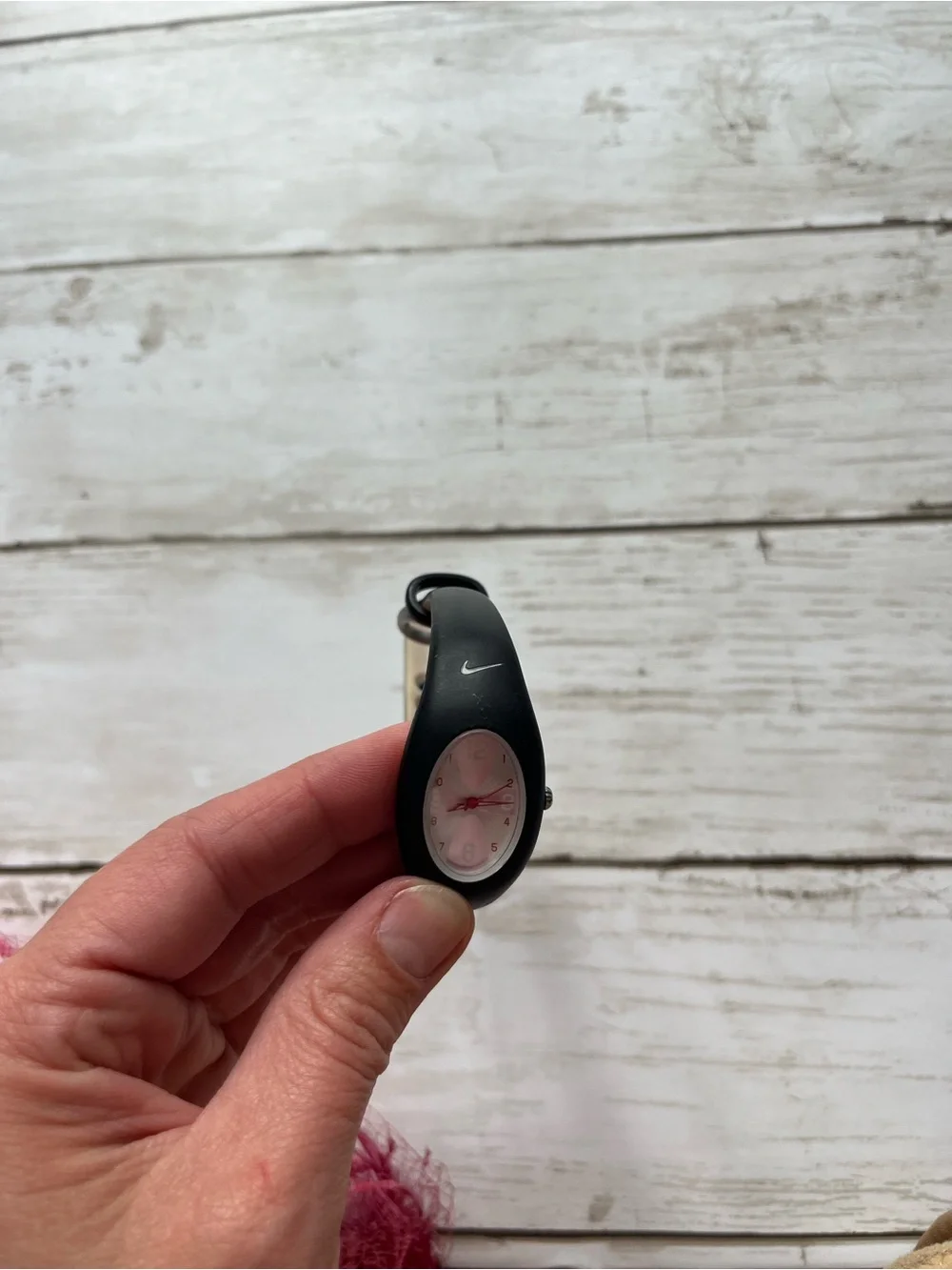 Vintage Nike Black Silicone Watch with Pink Dial and Red Hands